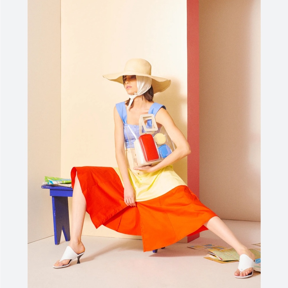 STAUD Colorblock Midi Dress in Blue, Tan, Cream, Red - Picture 3 of 13